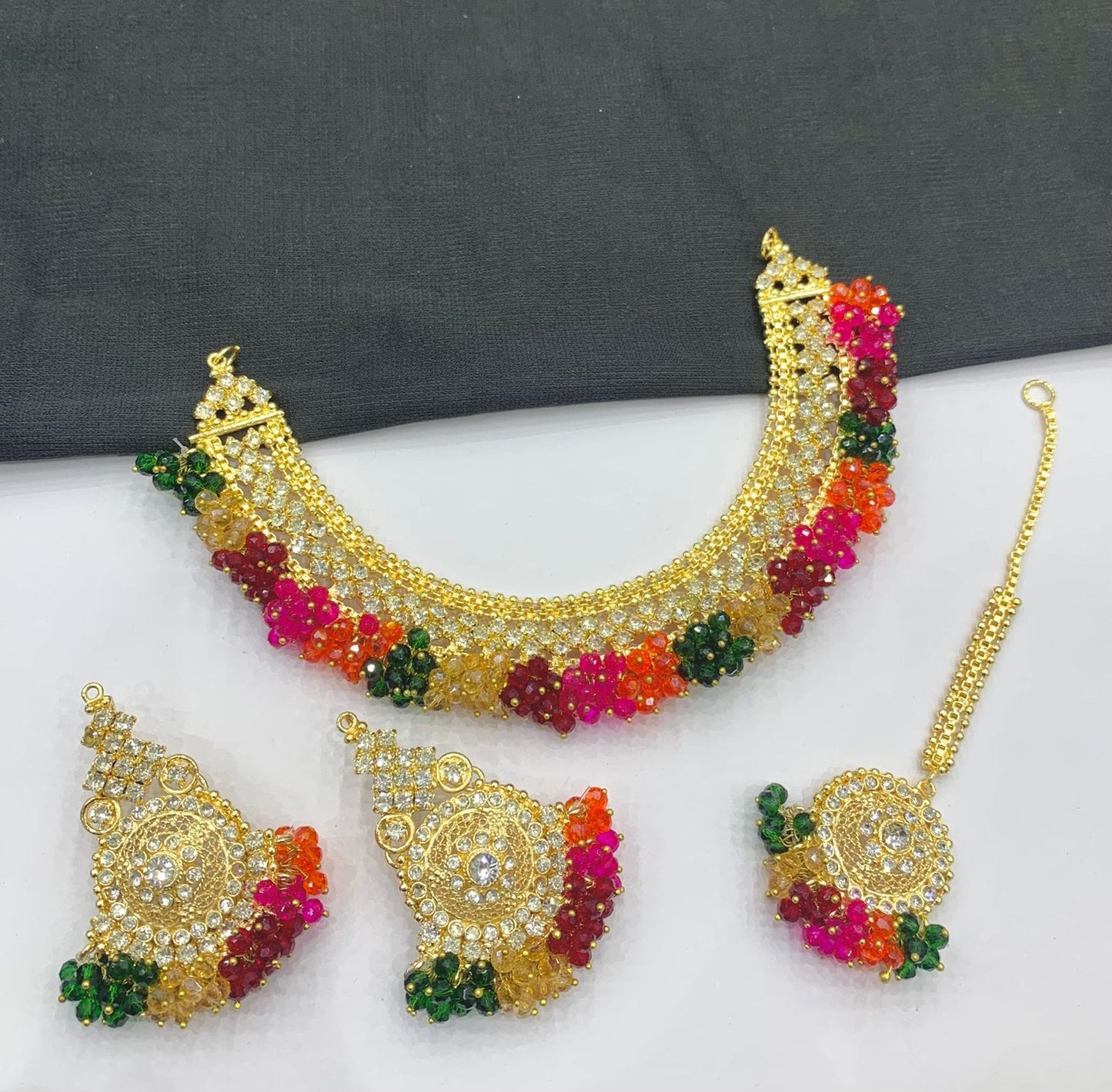 Bridal Mehndi Jewelry Set – Colorful Beaded Necklace with Earrings & Tikka